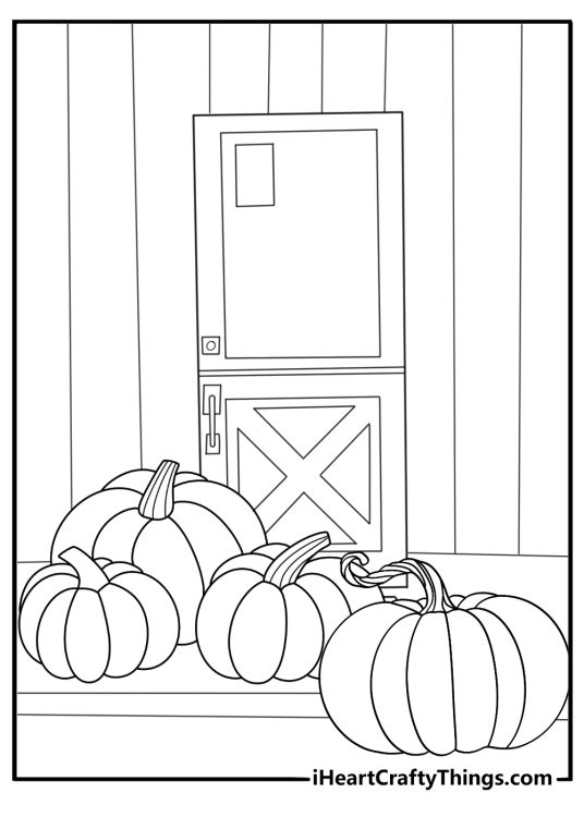 cartoon pumpkin family sitting on the porch fun coloring page