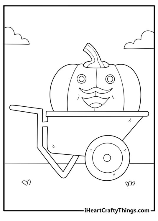 cartoon pumpkin riding in a wheelbarrow coloring page for kids