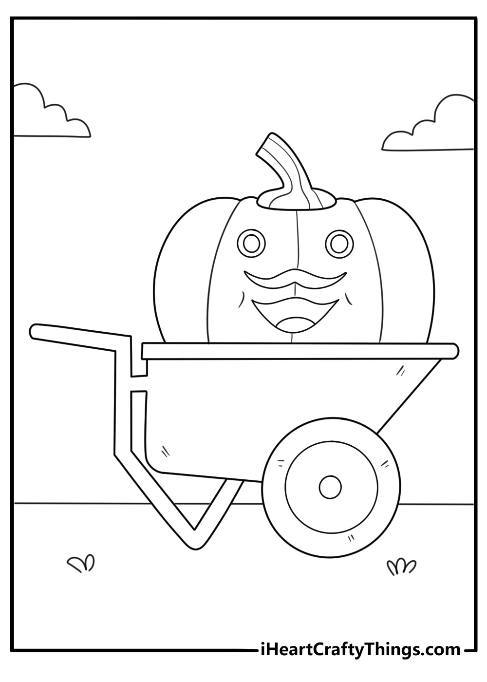 cartoon pumpkin riding in a wheelbarrow coloring page for kids