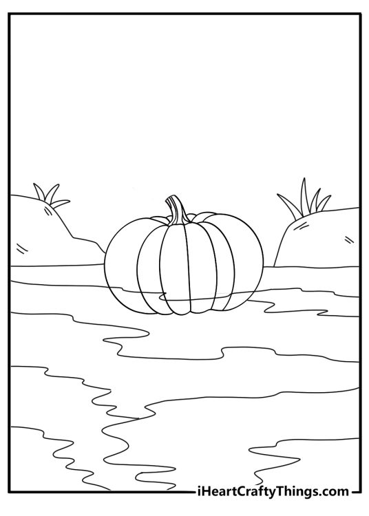 large pumpkin floating in a river detailed coloring page