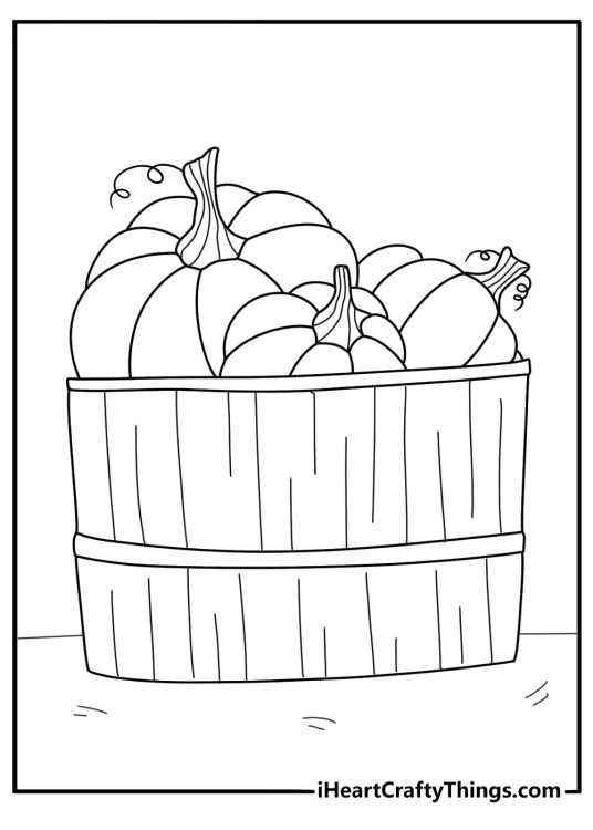 pumpkin lying near a wooden barrel detailed coloring page