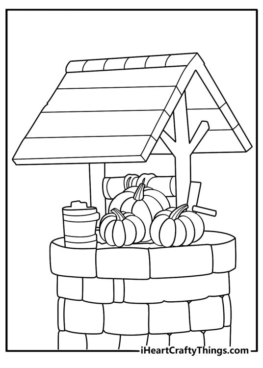 pumpkin near a stone well easy printable coloring page