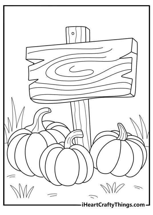 pumpkin next to a wooden sign printable coloring page