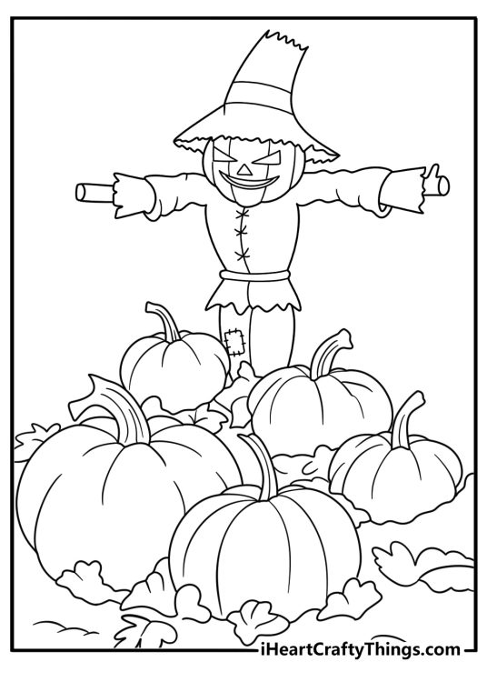 pumpkin patch with scarecrow in the background easy coloring sheet
