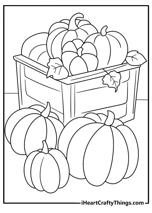 pumpkin re sting near a wooden crate fun coloring page for kids