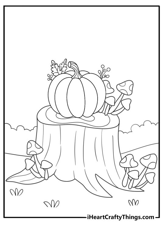pumpkin sitting on a tree stump printable coloring sheet