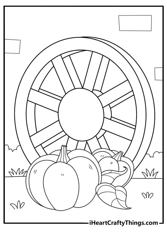 pumpkin sitting on a wagon wheel fun coloring page for kids