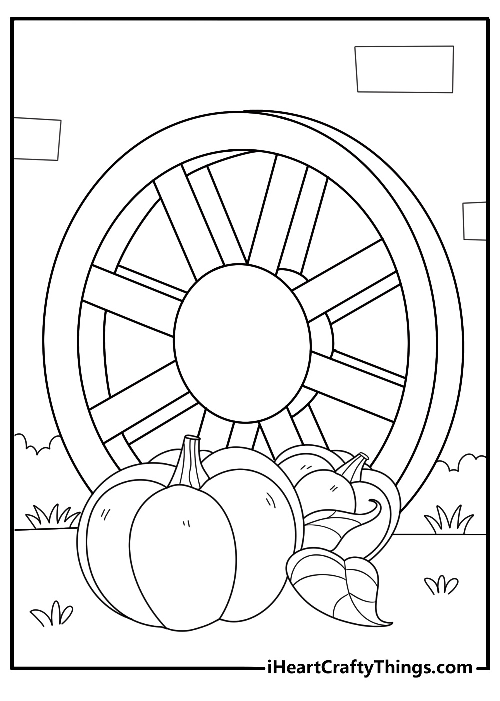 pumpkin sitting on a wagon wheel fun coloring page for kids