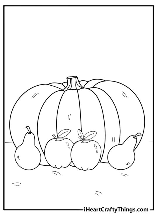 pumpkin surrounded by apples and pears coloring sheet
