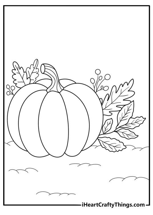 pumpkin surrounded by autumn leaves simple coloring sheet