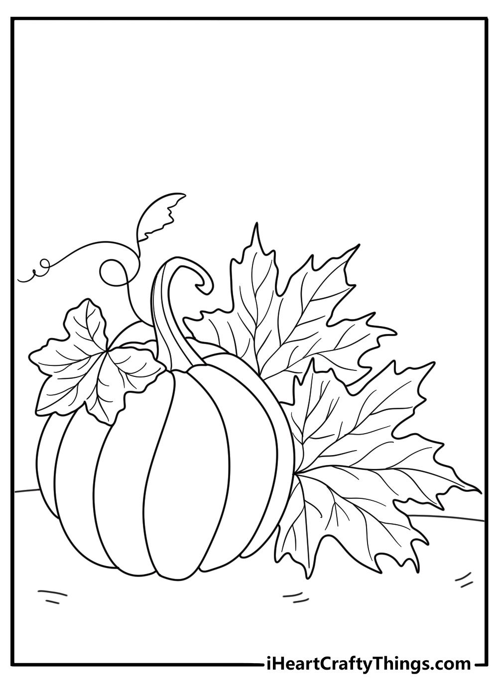 pumpkin surrounded by maple leaves easy coloring sheet