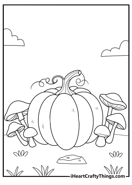 pumpkin with mushrooms around it printable coloring sheet