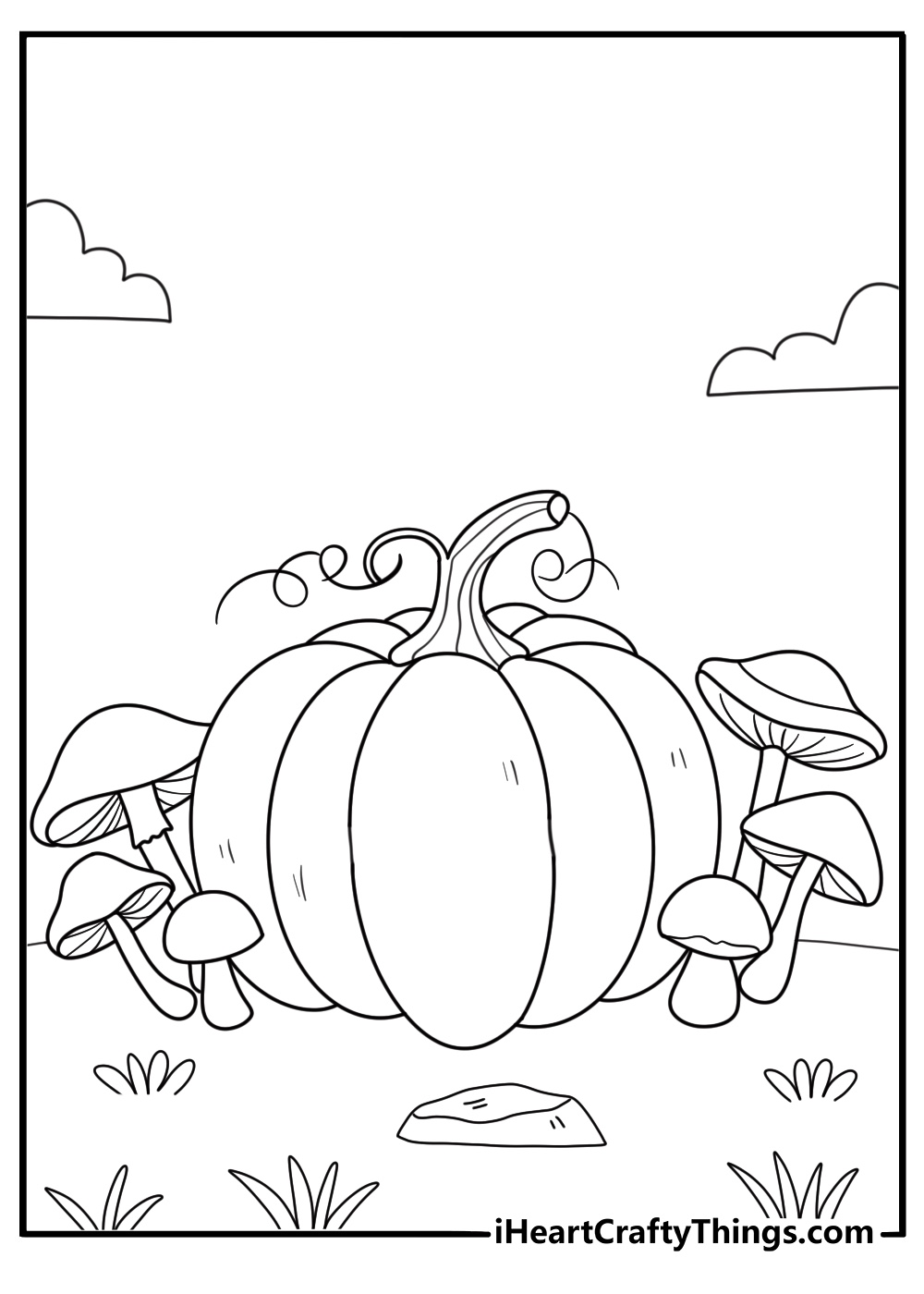 pumpkin with mushrooms around it printable coloring sheet
