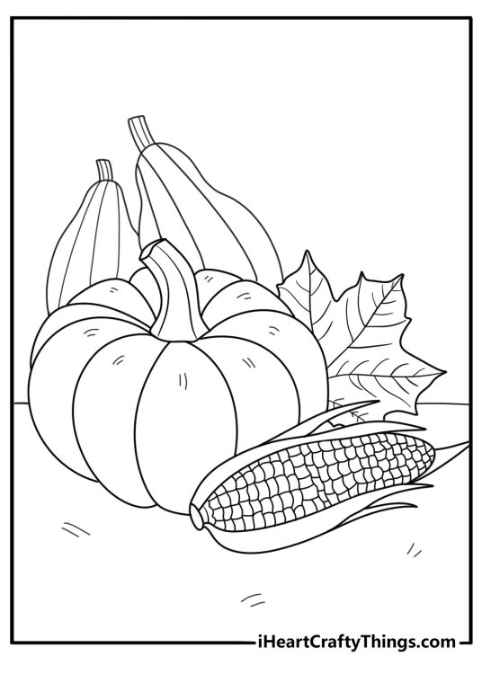 pumpkin with squash and corn beside it detailed coloring sheet