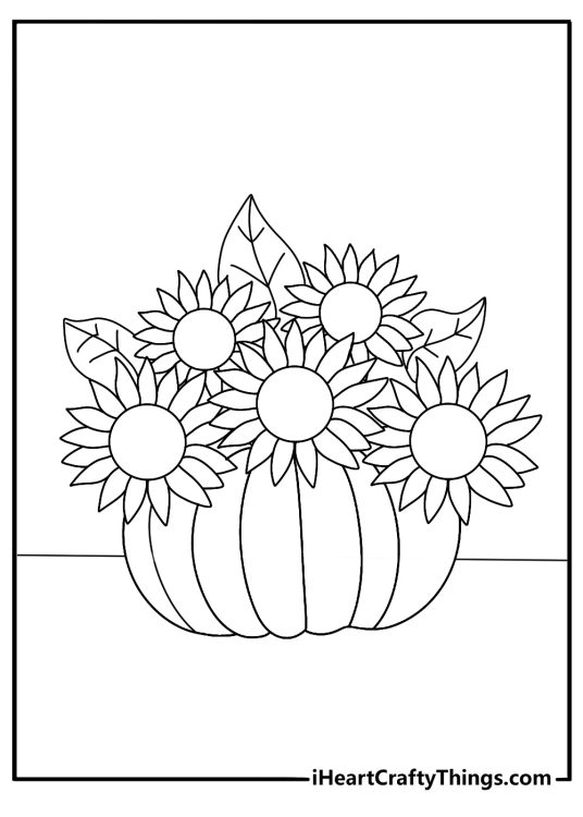 pumpkin with sunflower bouquet printable coloring sheet