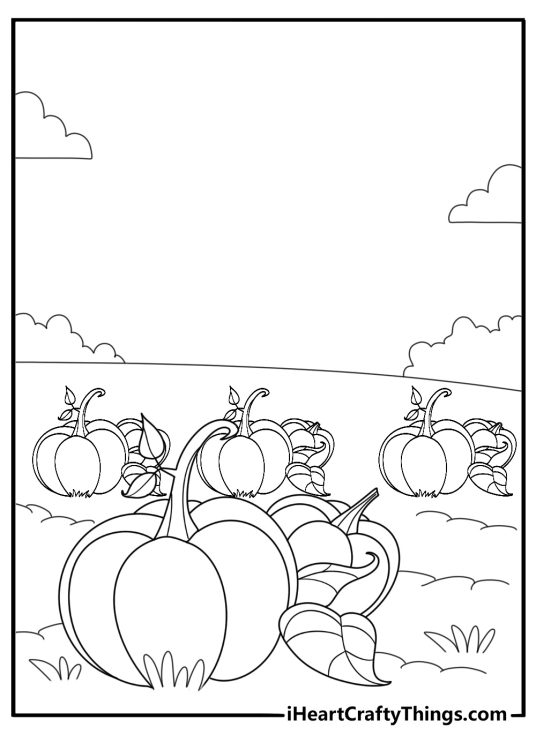 pumpkins growing in a garden row detailed coloring sheet