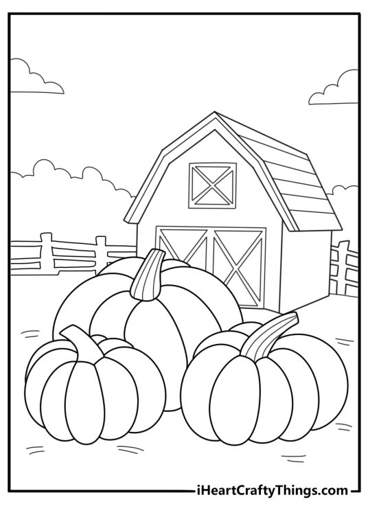 pumpkins next to a barn easy coloring page for kids