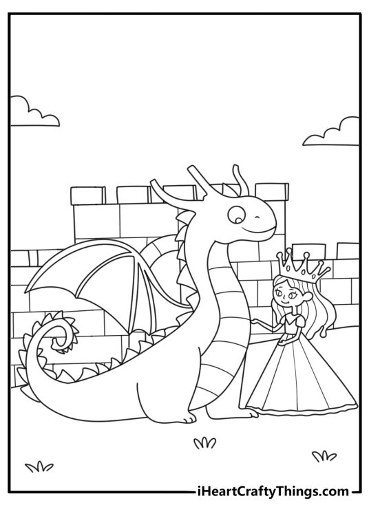 rincess coloring printable with a princess meeting a dragon at a castle wall
