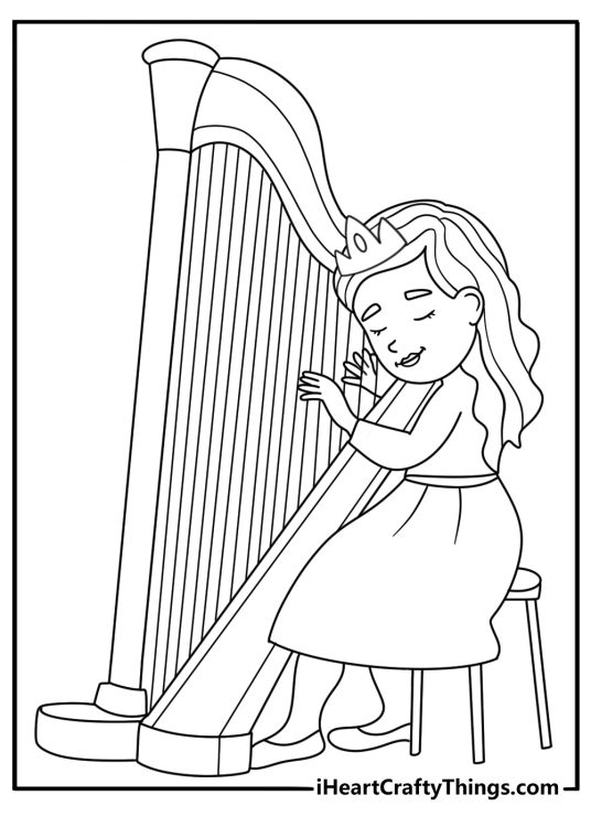 rintable princess coloring page with a princess beside a harp in a music room