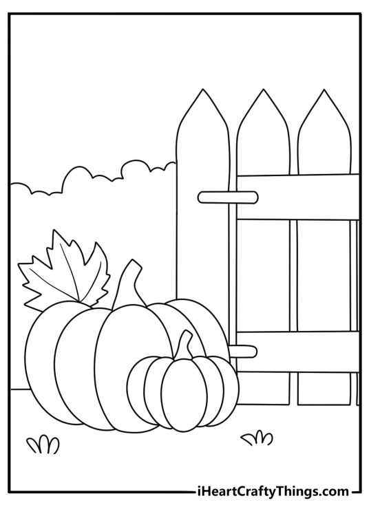 two pumpkins beside a wooden fence fun coloring page for kids