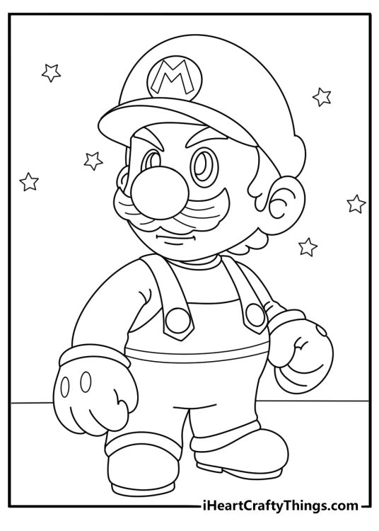 Black and white Mario printable showing Mario looking serious