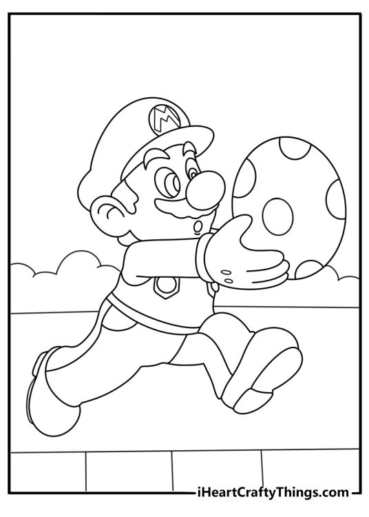 Detailed Mario coloring picture featuring Mario carrying a spotted egg