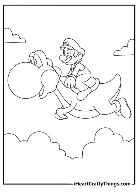 Detailed Mario picture featuring Mario riding Yoshi through the skies