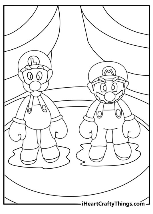 Mario and Luigi coloring page with brothers exploring warp pipe tunnel