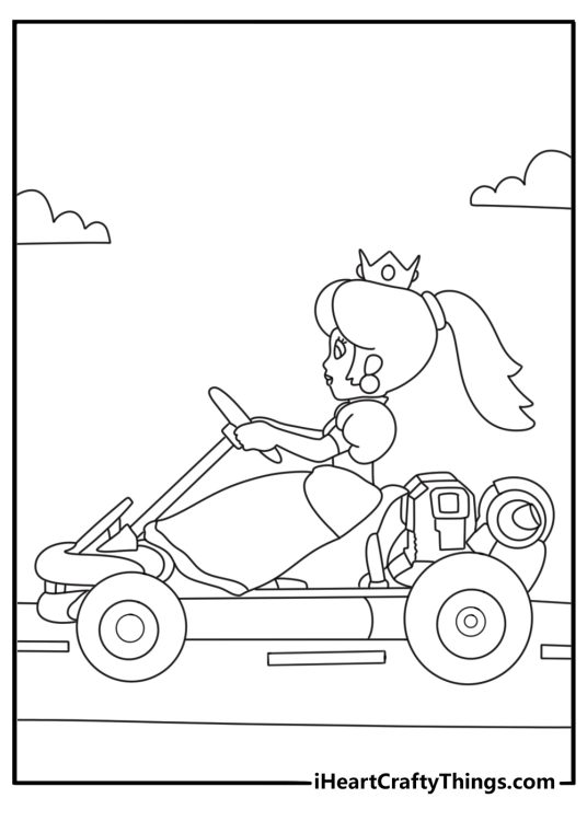 Mario and friends coloring sheet with Peach riding pink kart on race track