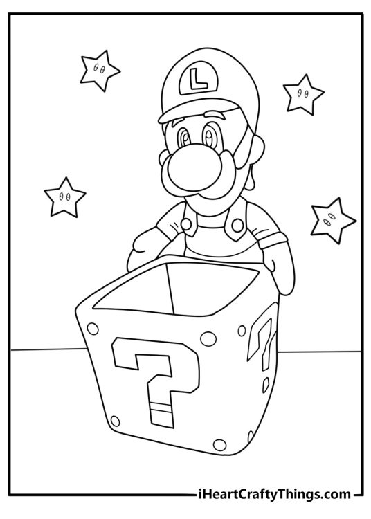Mario brothers coloring page with Luigi pushing coin block from below
