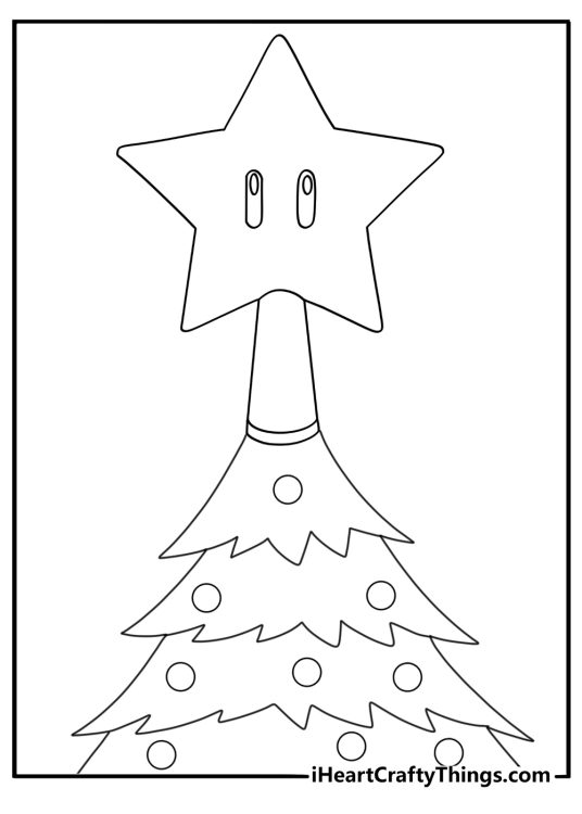 Mario christmas coloring page with Mario placing star on small pine tree