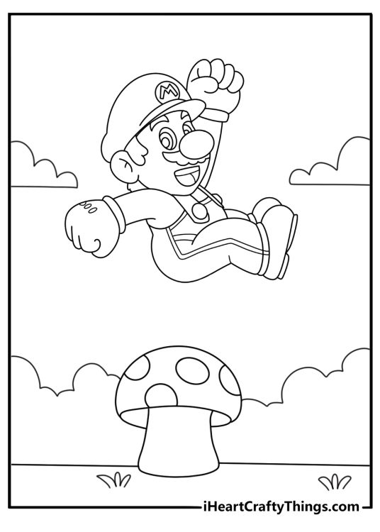 Mario coloring drawing showing Mario jumping onto a small mushroom