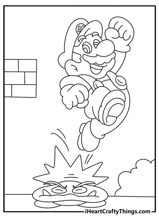 Mario coloring image for kids depicting Mario stepping on a Goomba_s head