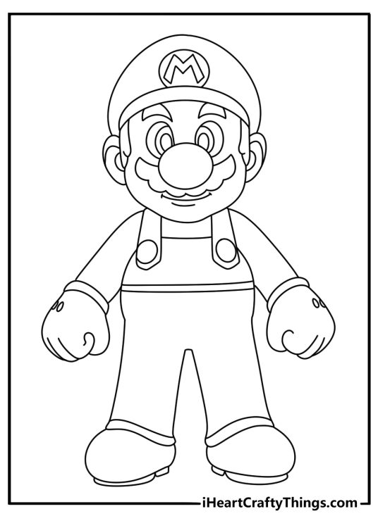 Mario coloring image showing Mario in a relaxed standing pose with an empty background