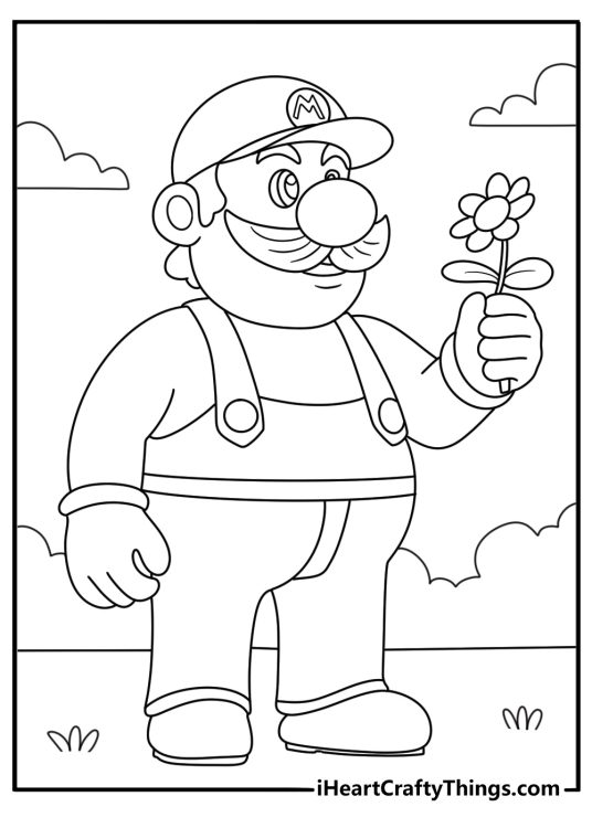 Mario coloring page showing Mario holding a flower in his right hand with an empty background