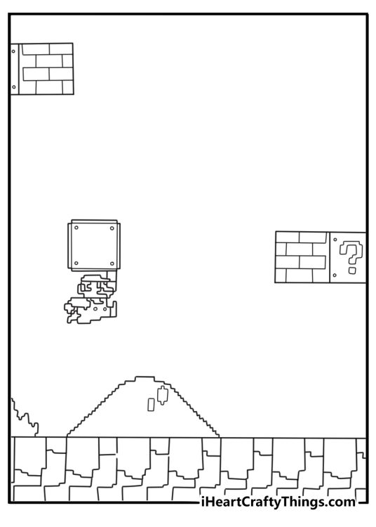 Mario coloring page with plumber hero breaking brick block above his head
