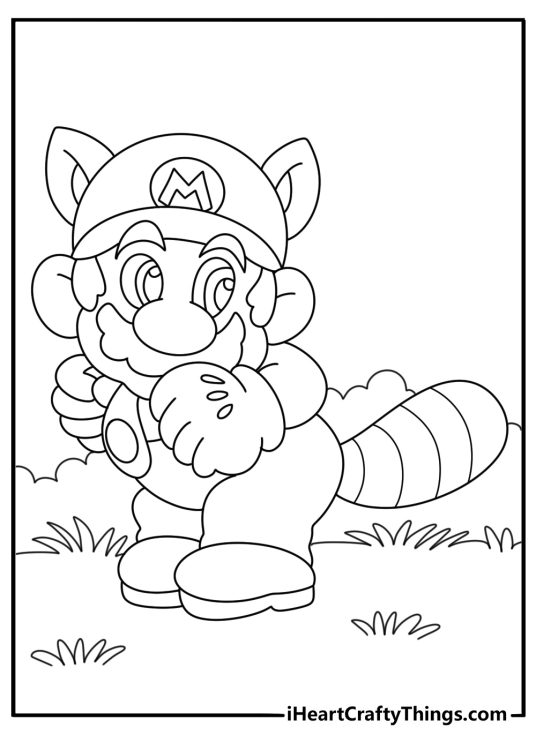 Mario coloring picture featuring Raccoon Mario with a tail and raccoon ears