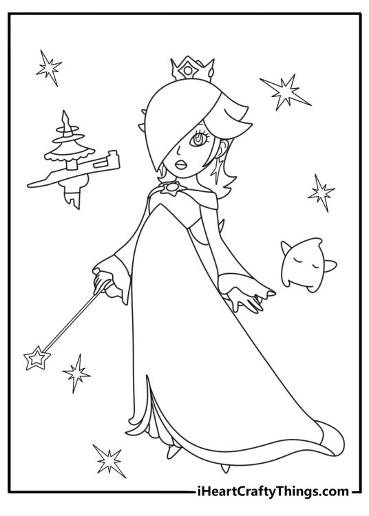 Mario galaxy printable coloring sheet with Rosalina near star observatory