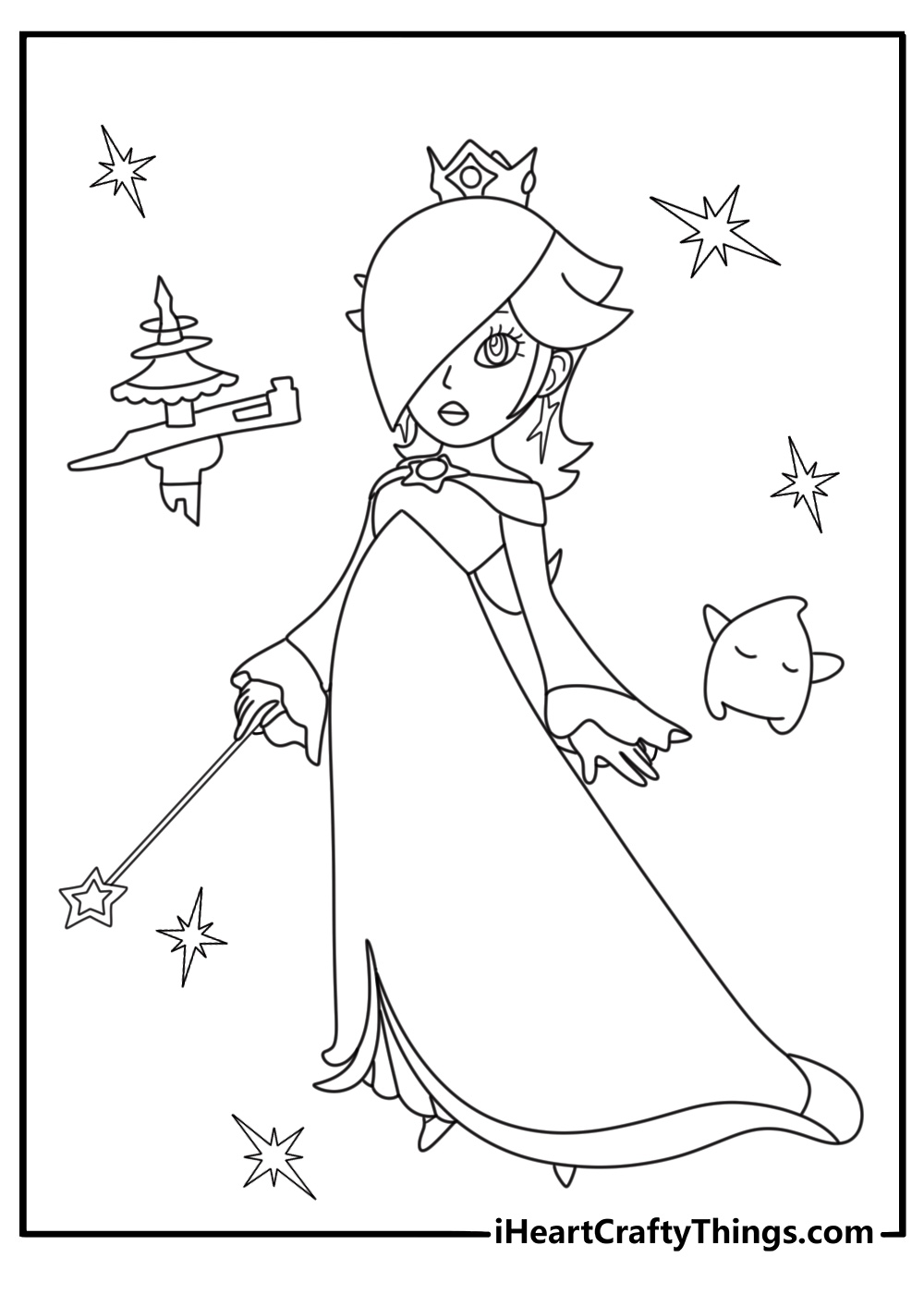 Mario galaxy printable coloring sheet with Rosalina near star observatory