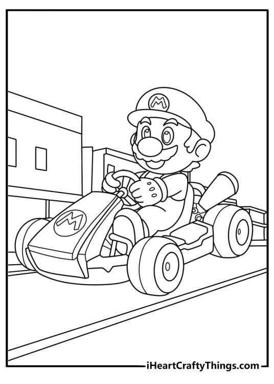 Mario movie coloring page with plumber driving red kart on city street
