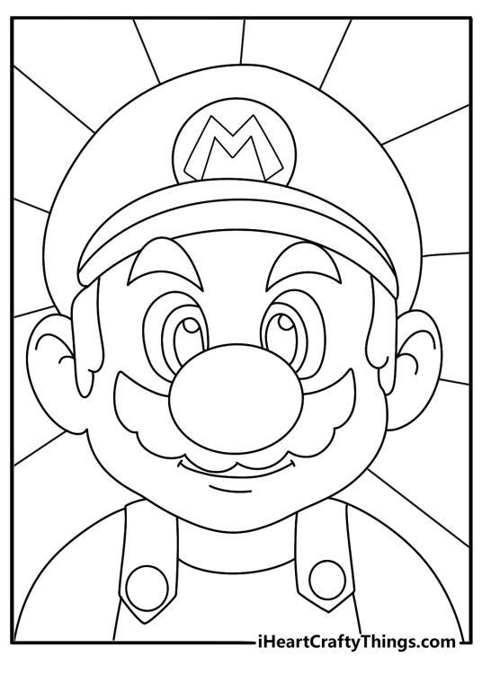Mario printable coloring poster presenting a close up of Mario_s face with a segmented background