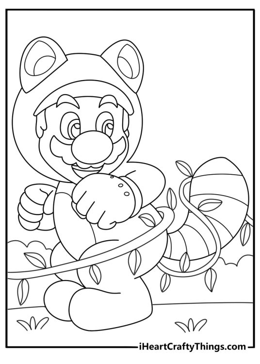 Mario printable featuring Mario wearing the Tanooki Suit with leaves swirling around him