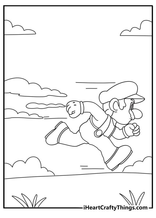 Mario printable featuring a side view of Mario running at full speed with a dust cloud behind him