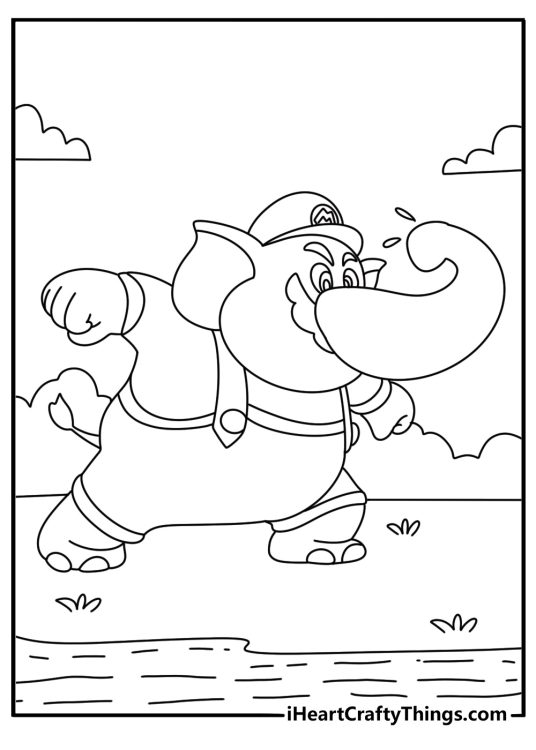 Mario wonder coloring page with elephant Mario spraying water from trunk