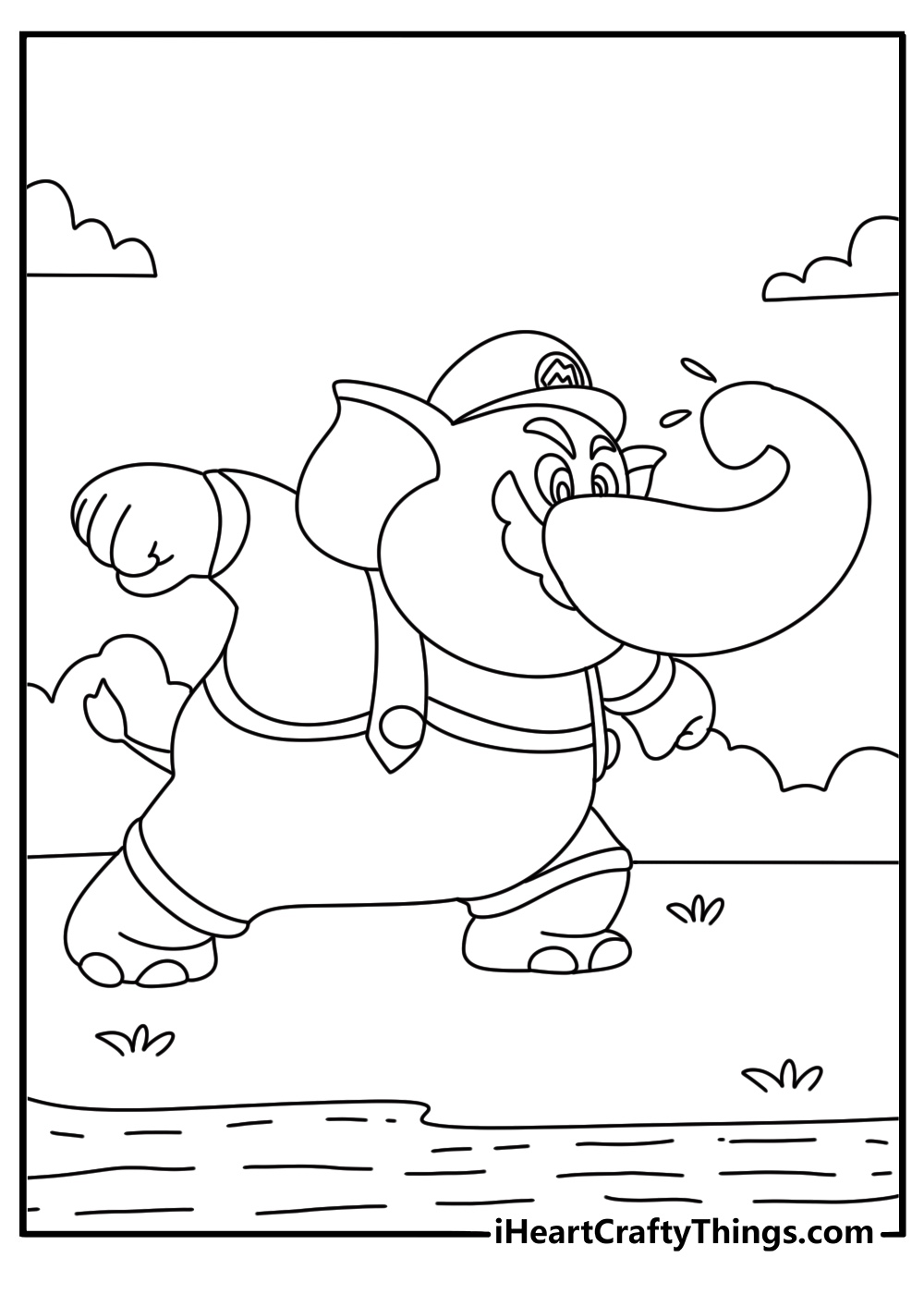 Mario wonder coloring page with elephant Mario spraying water from trunk