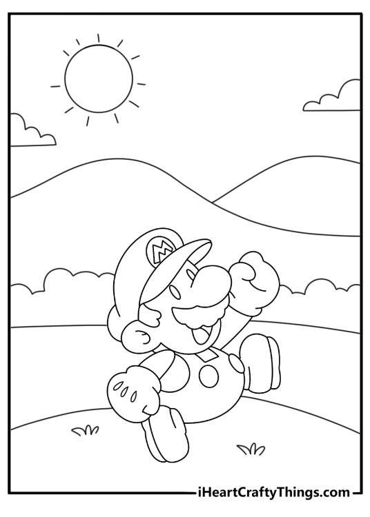 Paper Mario coloring page with flat hero walking across folded hills
