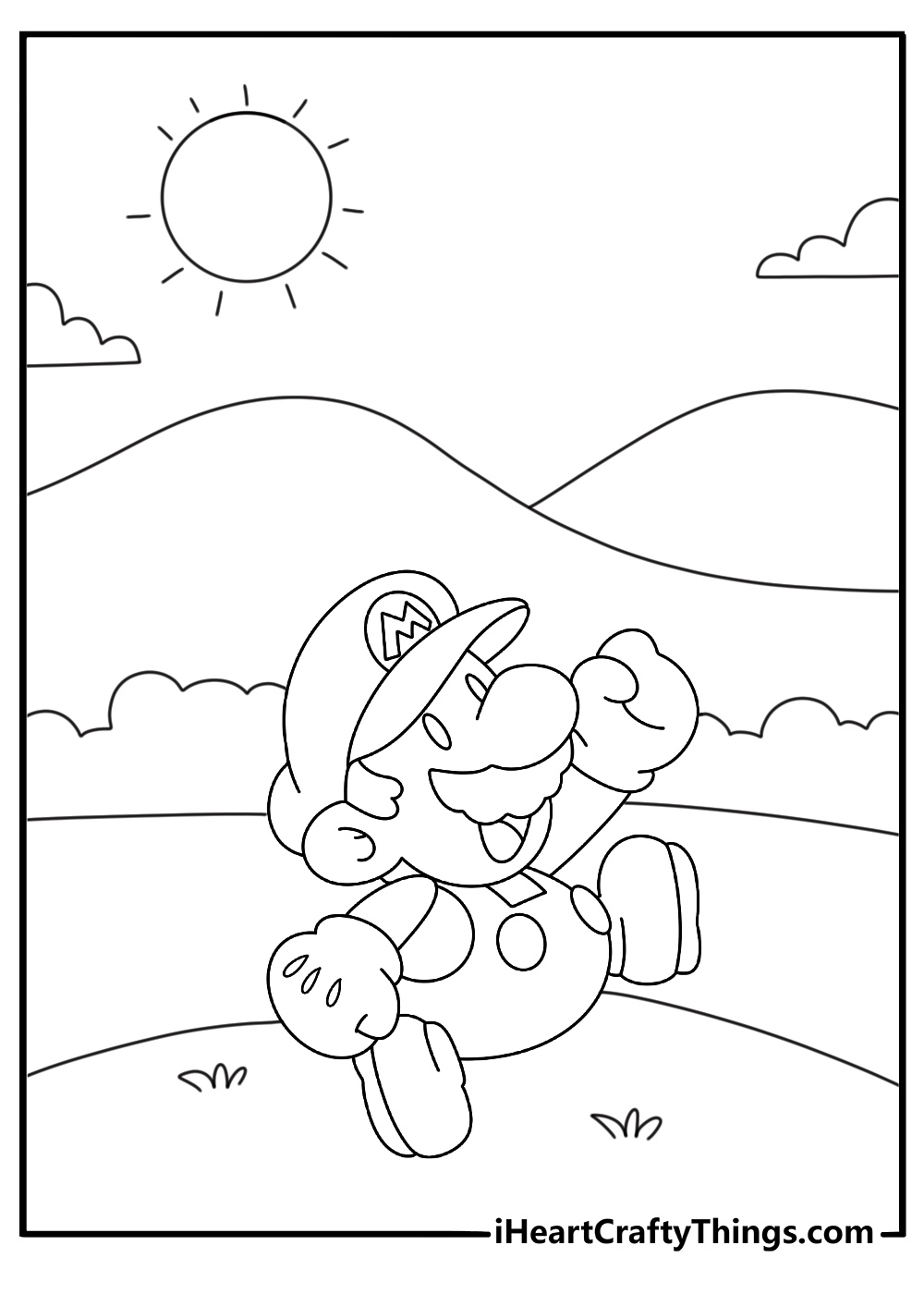 Paper Mario coloring page with flat hero walking across folded hills