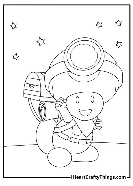 Super Mario characters coloring page with Toad carrying treasure chest of coins