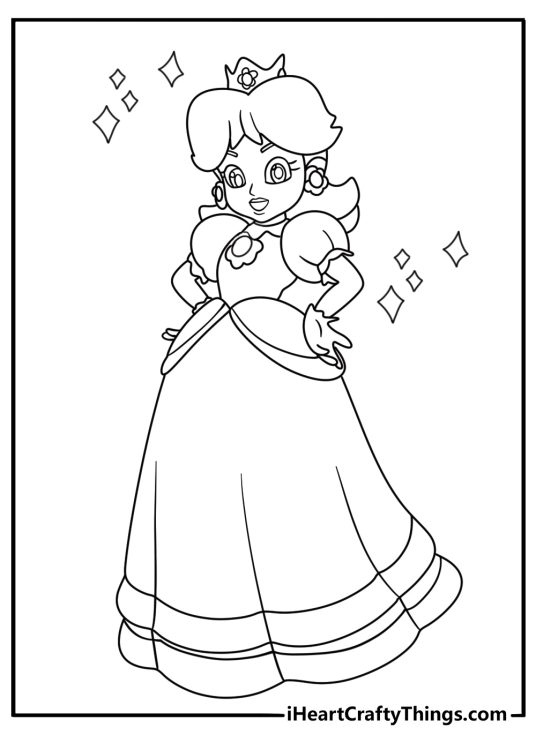 Super Mario coloring PDF featuring Princess Daisy surrounded by sparkles