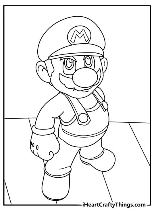 Super Mario coloring image showing mustachioed Mario wearing his classic hat and overalls